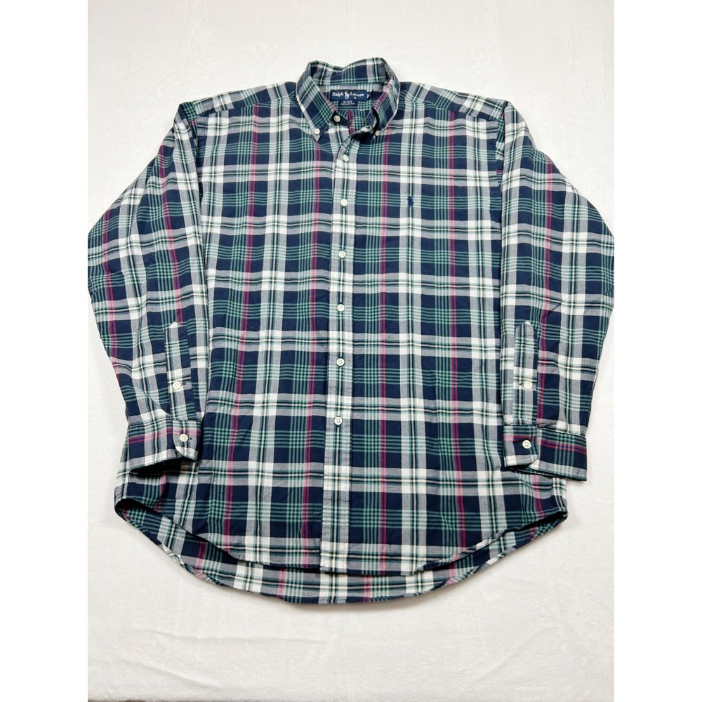 Ralph Lauren Blake Mens Large Blue Green Plaid Cotton Button Down Shirt L